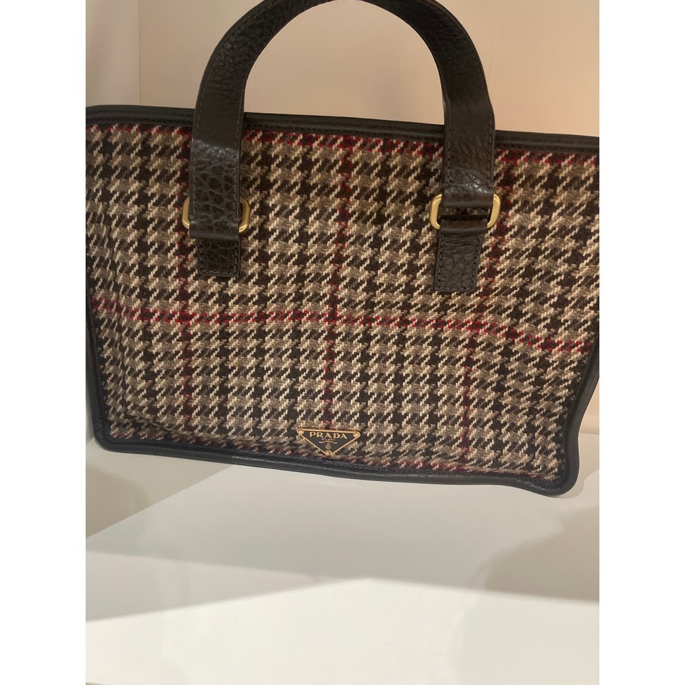 Prada Houndstooth Tweed Tote Bag Brown Leather- Trim Wool - Picture 5 of 5